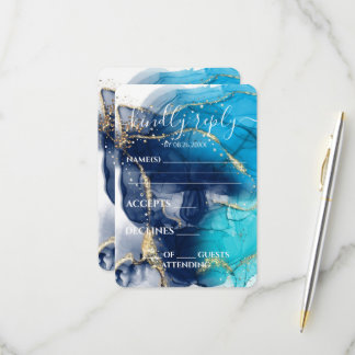 Cartão RSVP Casamento com Tinta Alcoólica Azul Dourado Persona