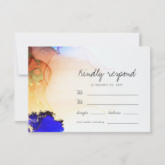 Cartão RSVP Casamento com Tinta Azul Dourada de Álcool Laranja