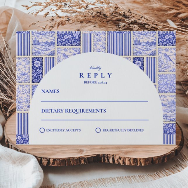 Cartão RSVP Casamento com Toile de Patchwork Azul Branco (Criador carregado)