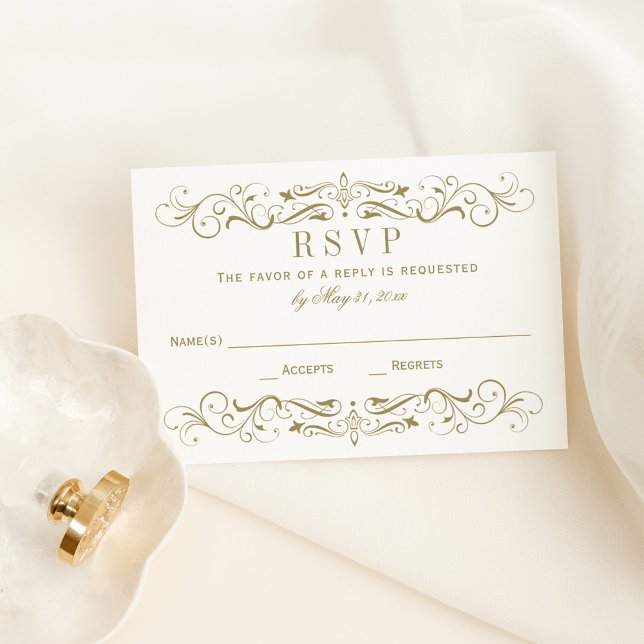 Cartão RSVP Casamento com Trabalhos em Ouro Antigo (Criador carregado)