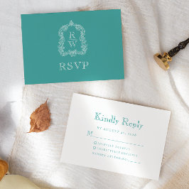 Cartão RSVP Casamento com Turquesa de Monograma Crest