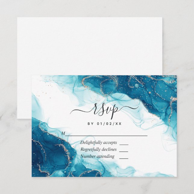Cartão RSVP Casamento com turquesa e álcool Dourado (Frente/Verso)