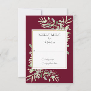 Cartão RSVP Casamento com Vegetação em Aquarela Dourado Borgon