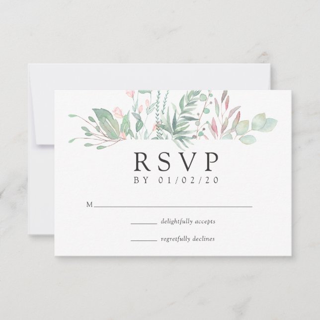 Cartão RSVP Casamento com Verde e Rosa Pastel (Frente)