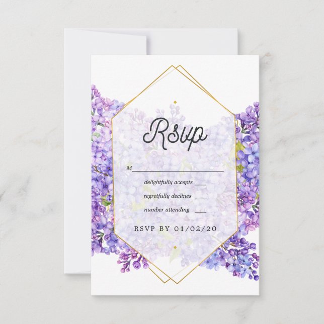 Cartão RSVP Casamento com violetas roxas e herbários geométric (Frente)
