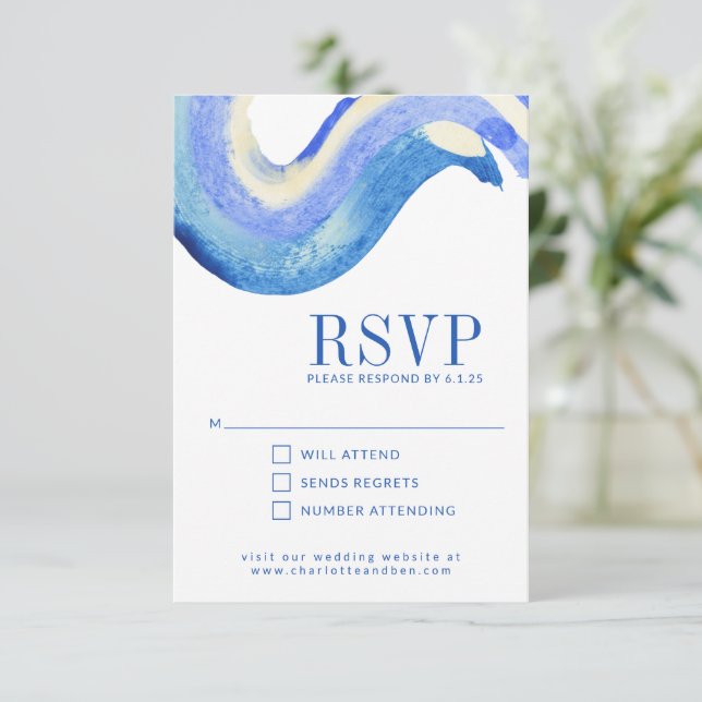 Cartão RSVP Casamento Contemporâneo Abstrato Art Blue Watercol (Em pé/Frente)