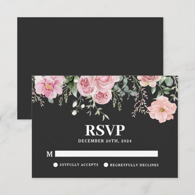 Cartão RSVP Casamento cor de água, preto e rosa pincelado (Frente/Verso)