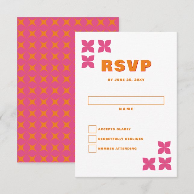 Cartão RSVP Casamento cor-de-laranja rosa com Groovy 70s (Frente/Verso)