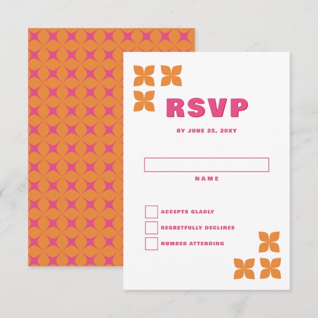 Cartão RSVP Casamento cor-de-laranja rosa com Groovy 70s (Frente/Verso)