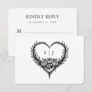 Cartão RSVP Casamento Coração Floral Preto Branco Desenhado à