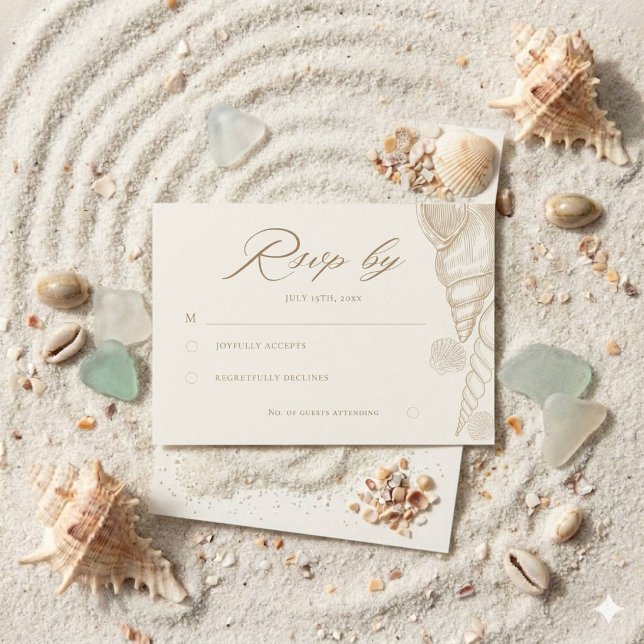 Cartão RSVP Casamento Costeira com Conchas Douradas e Branco  (Criador carregado)