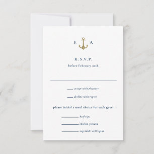 Cartão RSVP Casamento Costeiro Náutico de Âncora Azul e Dourad