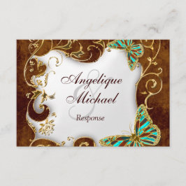 Cartão RSVP Casamento country dourado aqua marrom