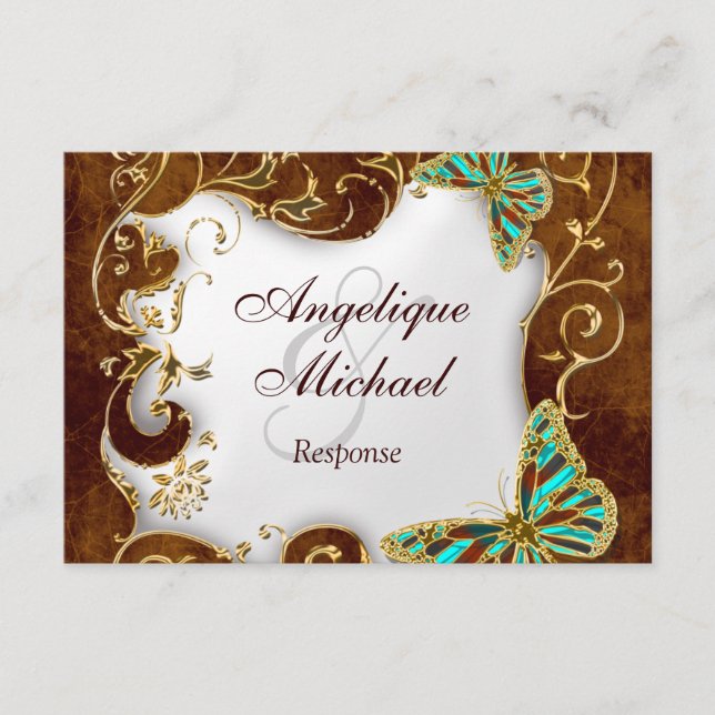 Cartão RSVP Casamento country dourado aqua marrom (Frente)