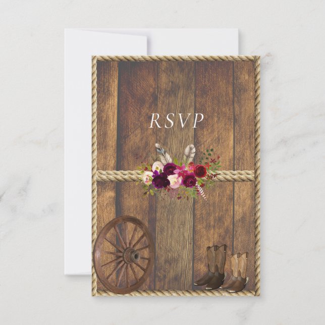 Cartão RSVP Casamento Country Western Rosas Rosa Penas Corda  (Frente)