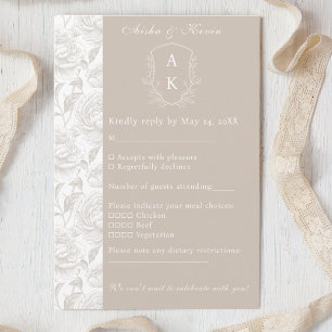 Cartão RSVP Casamento Crest Monograma Pale Taupe