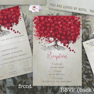 Cartão RSVP Casamento da Árvore Preta Folha Coração Vermelho M