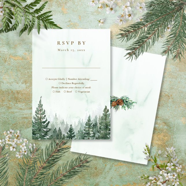Cartão RSVP Casamento da Floresta de Pinheiros Rustic Watercol (Rustic Watercolor Pine Tree Forest Wedding RSVP Card)