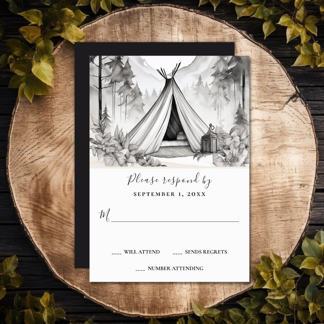Cartão RSVP Casamento da Floresta Montanha em Campanha Rustic  (Rustic Glamping Camping Mountain Forest Wedding RSVP Card)