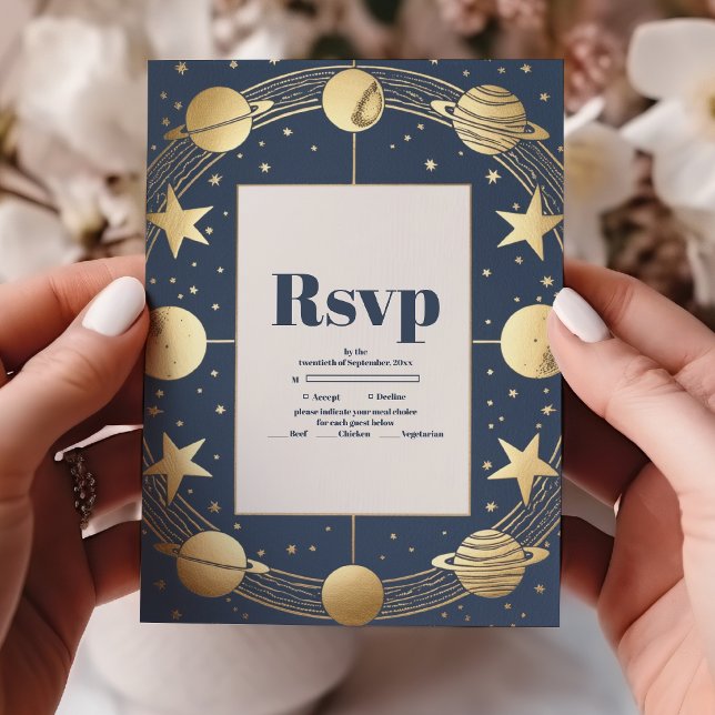 Cartão RSVP Casamento da Lua do Crescente Dourado Celestial (Criador carregado)