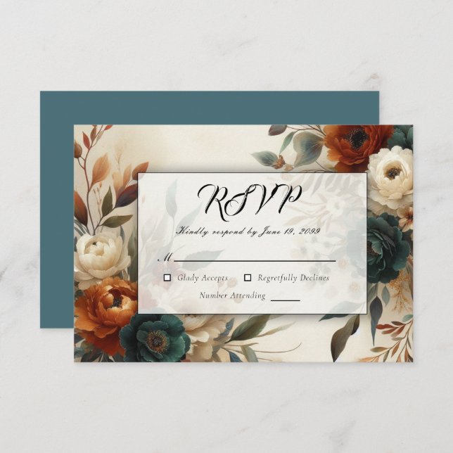 Cartão RSVP Casamento das Flores de Laranja e Azul Queimadas (Frente/Verso)