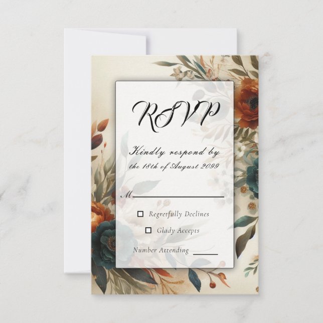 Cartão RSVP Casamento das Flores de Laranja e Azul Queimadas (Frente)