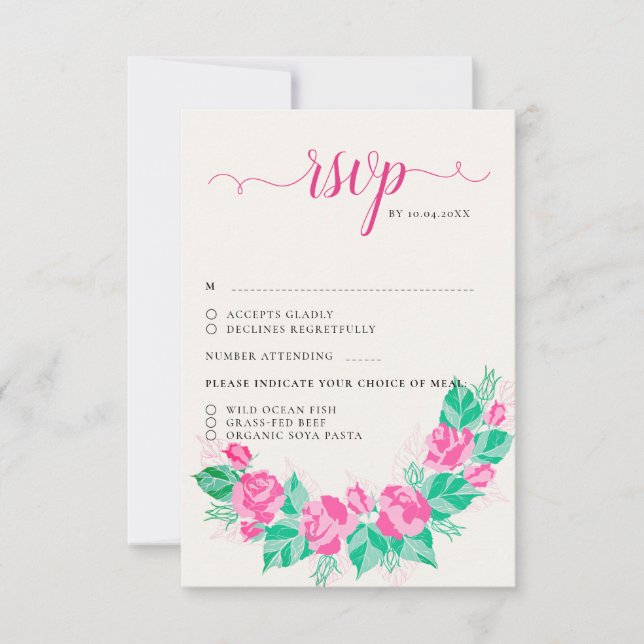 Cartão RSVP Casamento das flores de Rosa verde rosa (Frente)