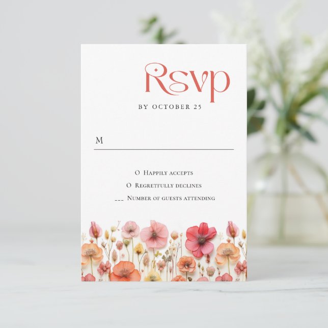 Cartão RSVP Casamento das Flores Selvagens do Pastel Rosa Boho (Em pé/Frente)