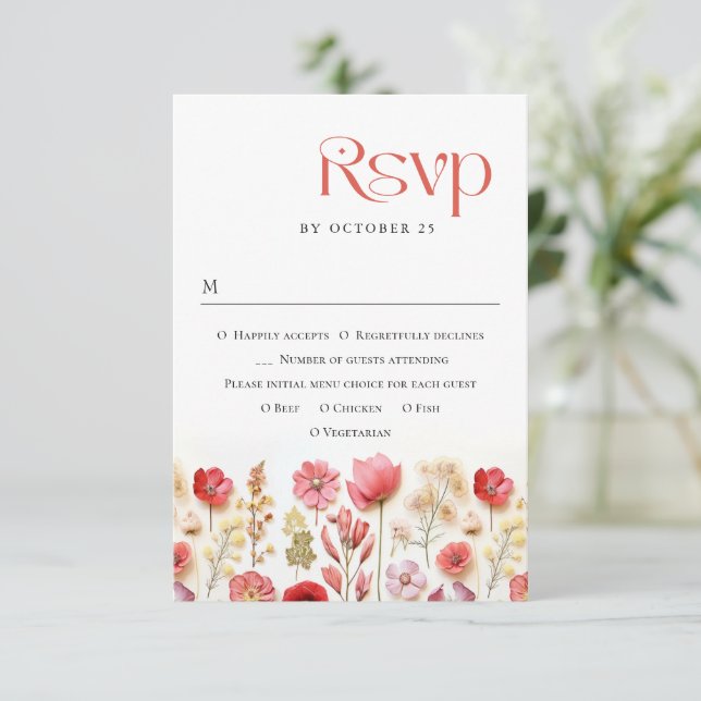 Cartão RSVP Casamento das Flores Selvagens do Pastel Rosa Boho (Em pé/Frente)