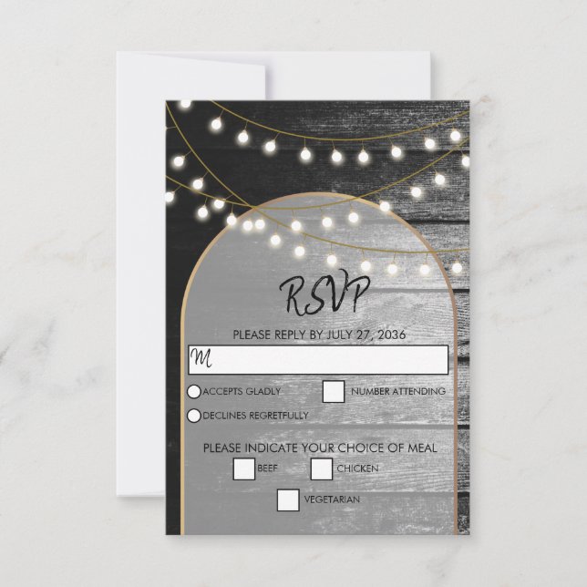 Cartão RSVP Casamento das Luzes Douradas da Madeira Negra Russ (Frente)