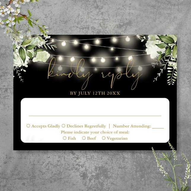 Cartão RSVP Casamento das Luzes Florais de Corda Dourada Negra (Black Gold Greenery Floral String Lights Wedding RSVP Card)