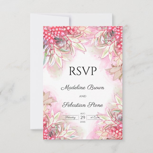 Cartão RSVP Casamento de Abacaxis Rosa Exótica (Frente)