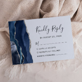 Cartão RSVP Casamento de Agata Azul-Prateado com Marinho Moder