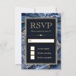Cartão RSVP Casamento de Ágata Brilhante Azul e Dourado Elegan
