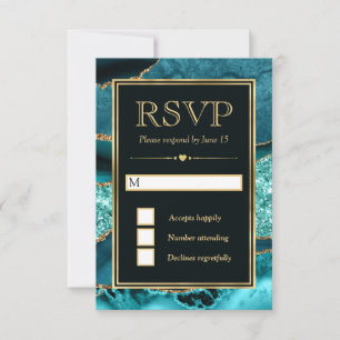 Cartão RSVP Casamento de Ágata Brilhante em Turquesa e Dourado