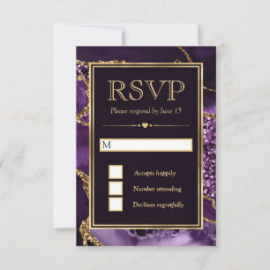 Cartão RSVP Casamento de Ágata Brilhante Roxo e Dourado Elegan