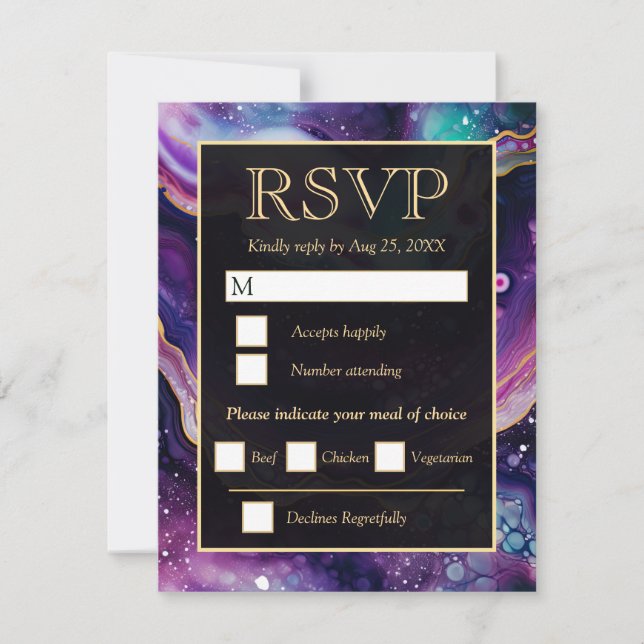 Cartão RSVP Casamento de Ágata Celestial Dourada Roxa (Frente)