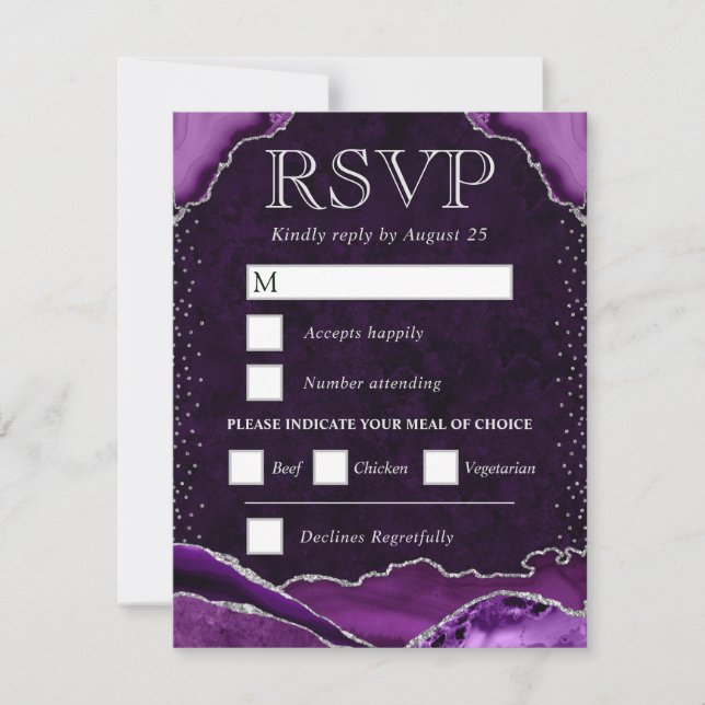 Cartão RSVP Casamento de Ágata Roxa e Prata (Frente)