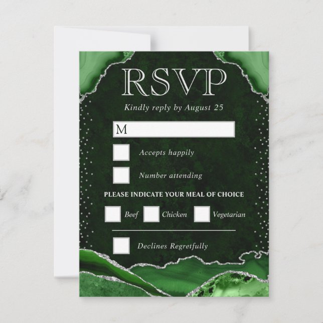 Cartão RSVP Casamento de Ágata Verde e Prata (Frente)