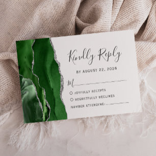 Cartão RSVP Casamento de Agata Verde-Silver Moderno