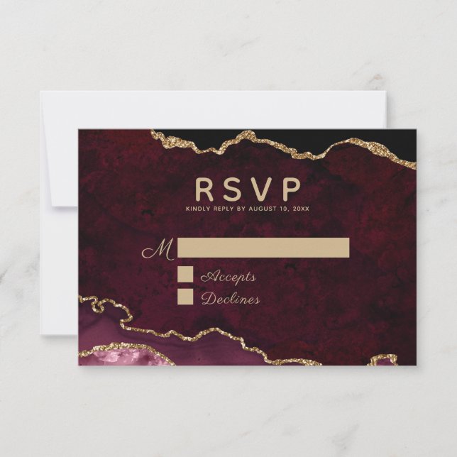 Cartão RSVP Casamento de Agitação Dourada da Elegância Burgund (Frente)