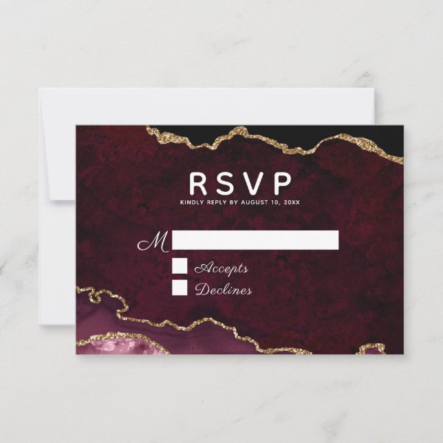 Cartão RSVP Casamento de Agitação Dourada da Elegância Burgund (Frente)