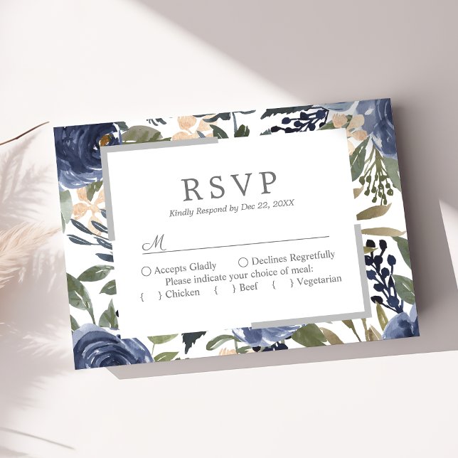 Cartão RSVP Casamento de Aguarela com Padrão Floral Azul Marin (Criador carregado)
