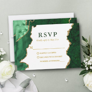 Cartão RSVP Casamento de Águlo de Marble Dourado Verde com Aqu