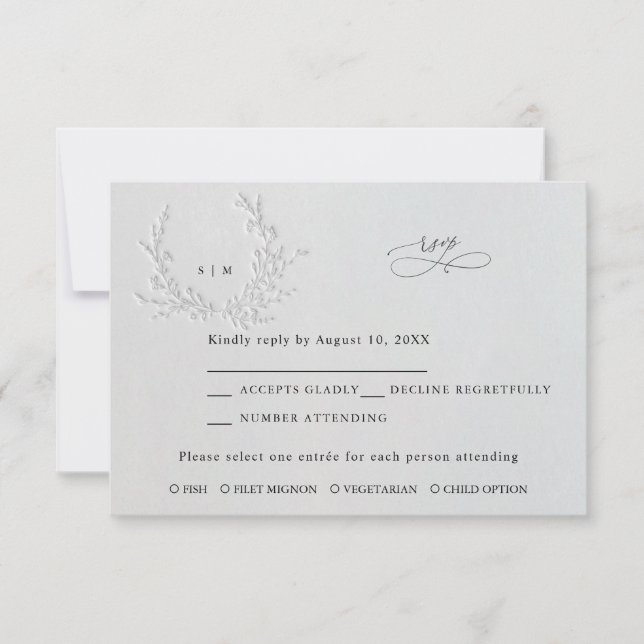 Cartão RSVP Casamento de Algodão com Relevo Cego Falso Mínimo (Frente)