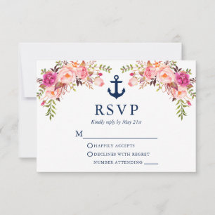 Cartão RSVP Casamento de Âncora Náutica Floral Cor-de-Água Ros