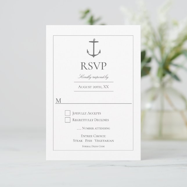 Cartão RSVP Casamento de Âncora Náutica Simples | Branco (Em pé/Frente)
