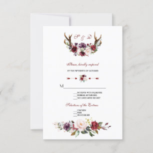 Cartão RSVP Casamento de Anéis Florais com Blush Burgundy