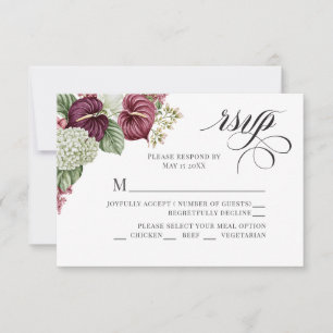 Cartão RSVP Casamento de Anthurium e Hortênsia com Vinho Borgo