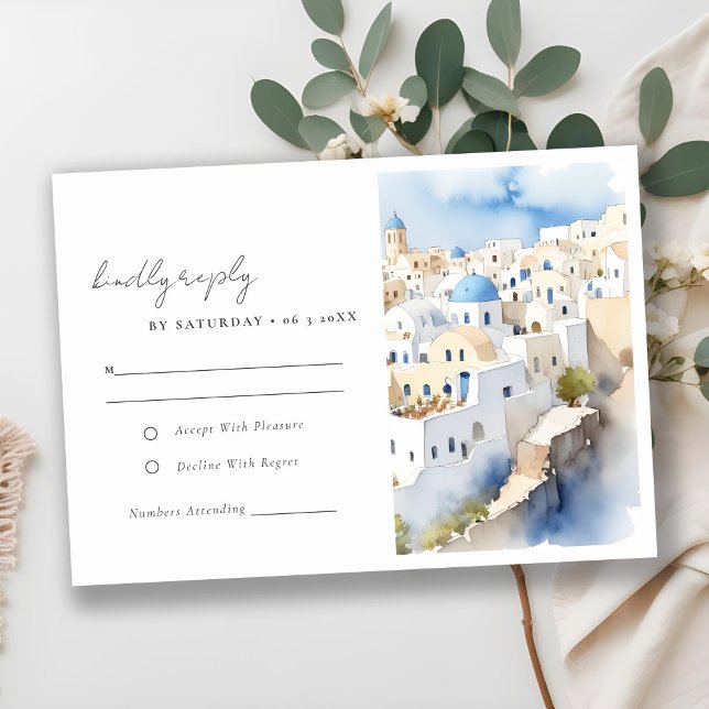 Cartão RSVP Casamento de Aquarela com Grécia Chic Santorini (Criador carregado)